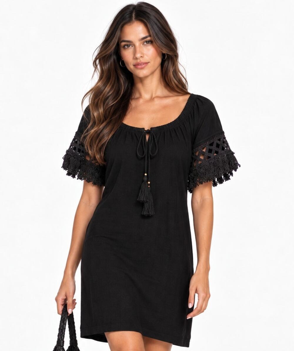 Love Scarlett Liberty Black Crochet Sleeve Boho Mini Dress NWT Size Large